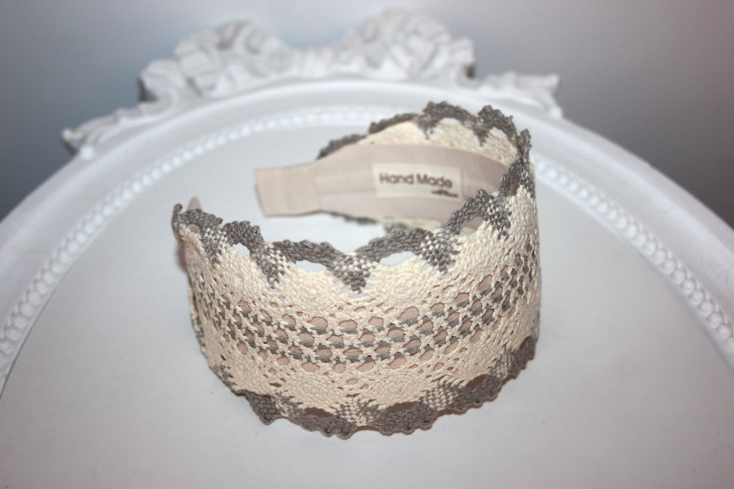 Gray & Ivory knit hairband 3"inches cotton headband Wide retro head cover