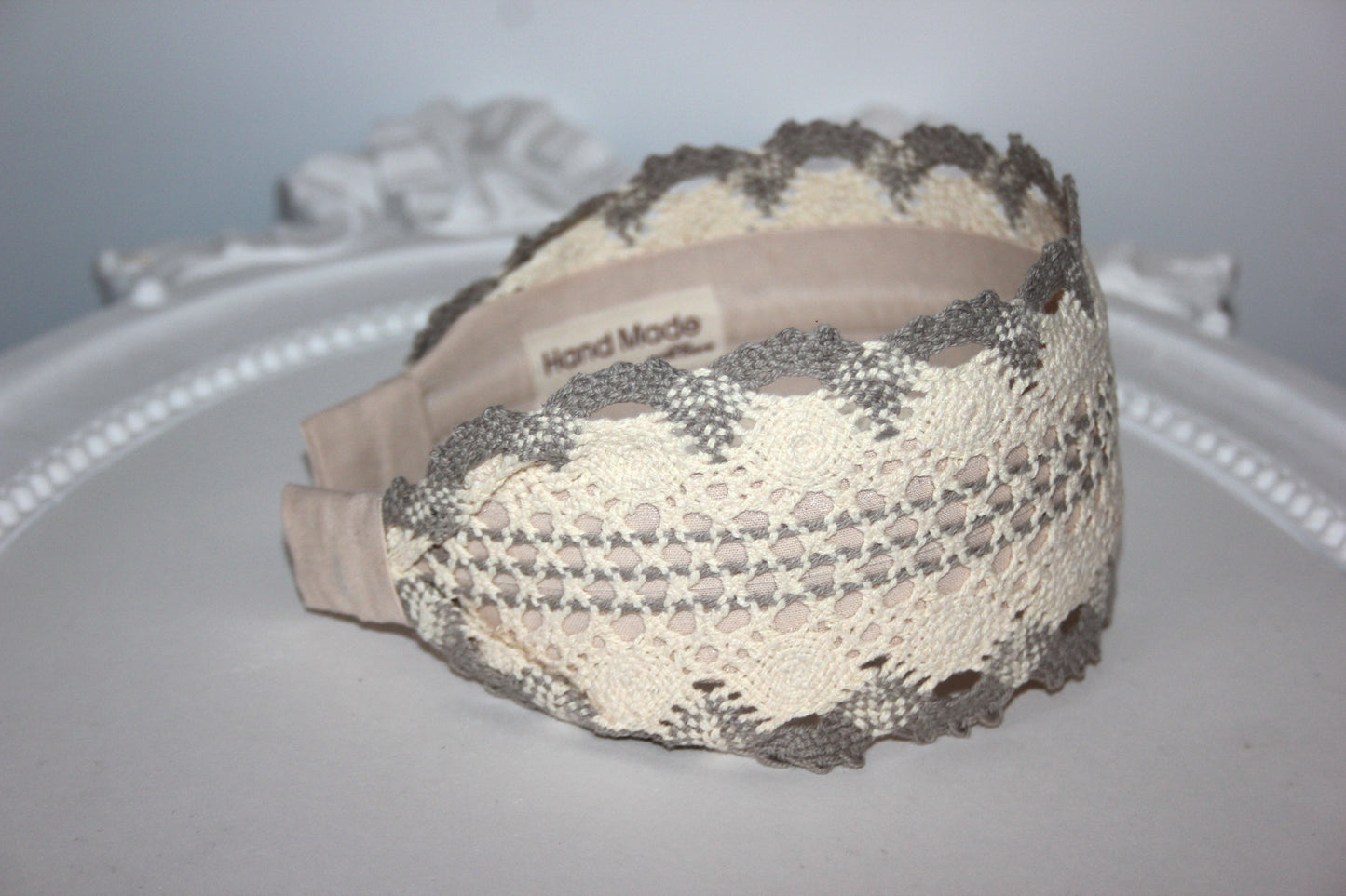 Gray & Ivory knit hairband 3"inches cotton headband Wide retro head cover