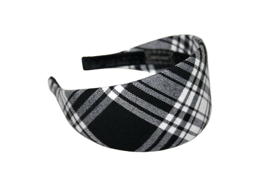 Plaid woman headband Black&White Wide tartan hairband, plastic free
