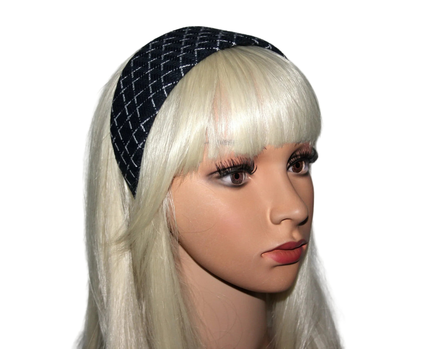 Fabric headband for women Dark Blue & White geometric print headwrap, plastic free