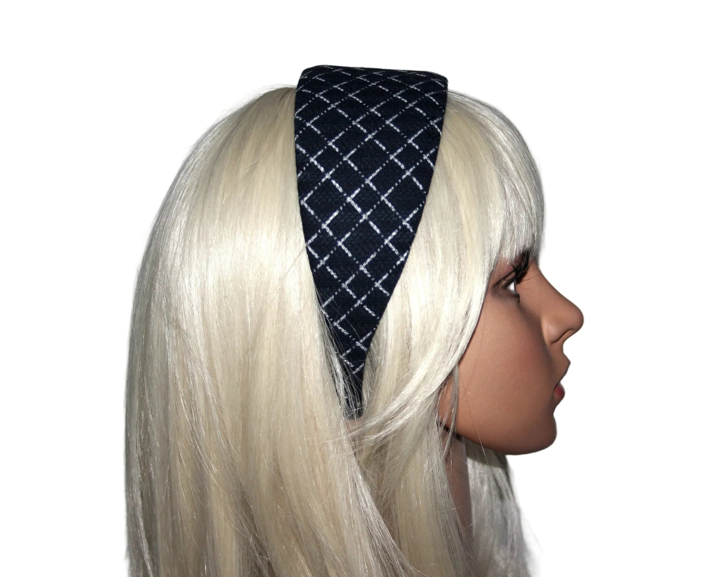 Fabric headband for women Dark Blue & White geometric print headwrap, plastic free