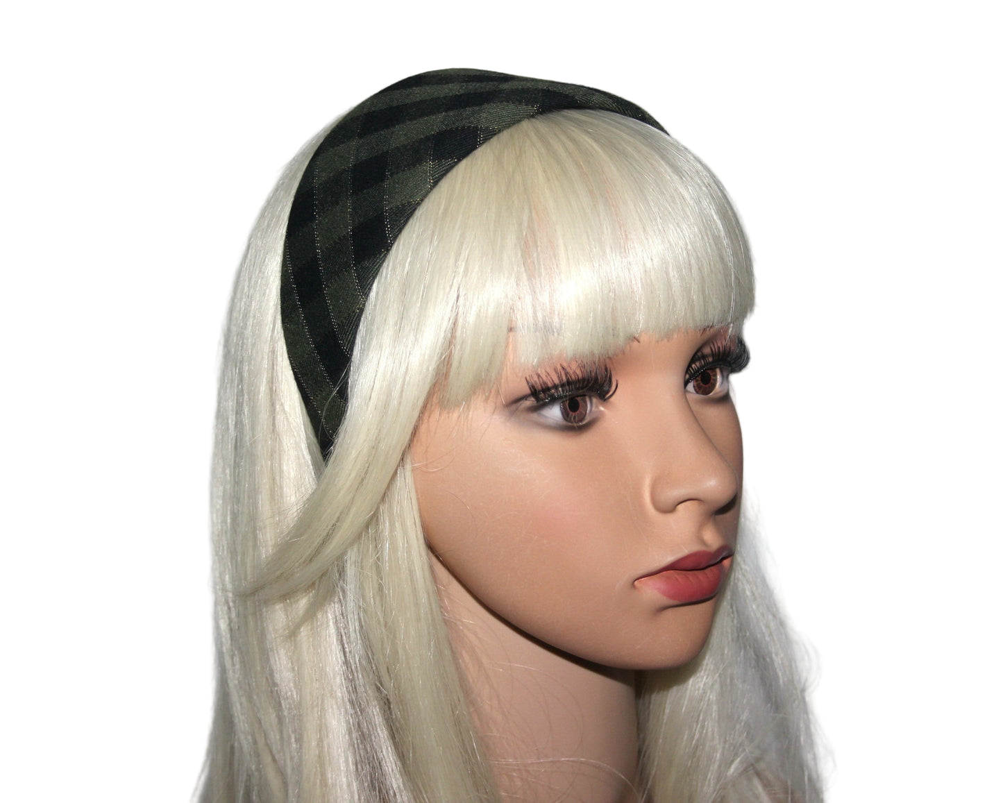 Plaid headband women Green & Black Tartan fabric hairband scarf, plastic free