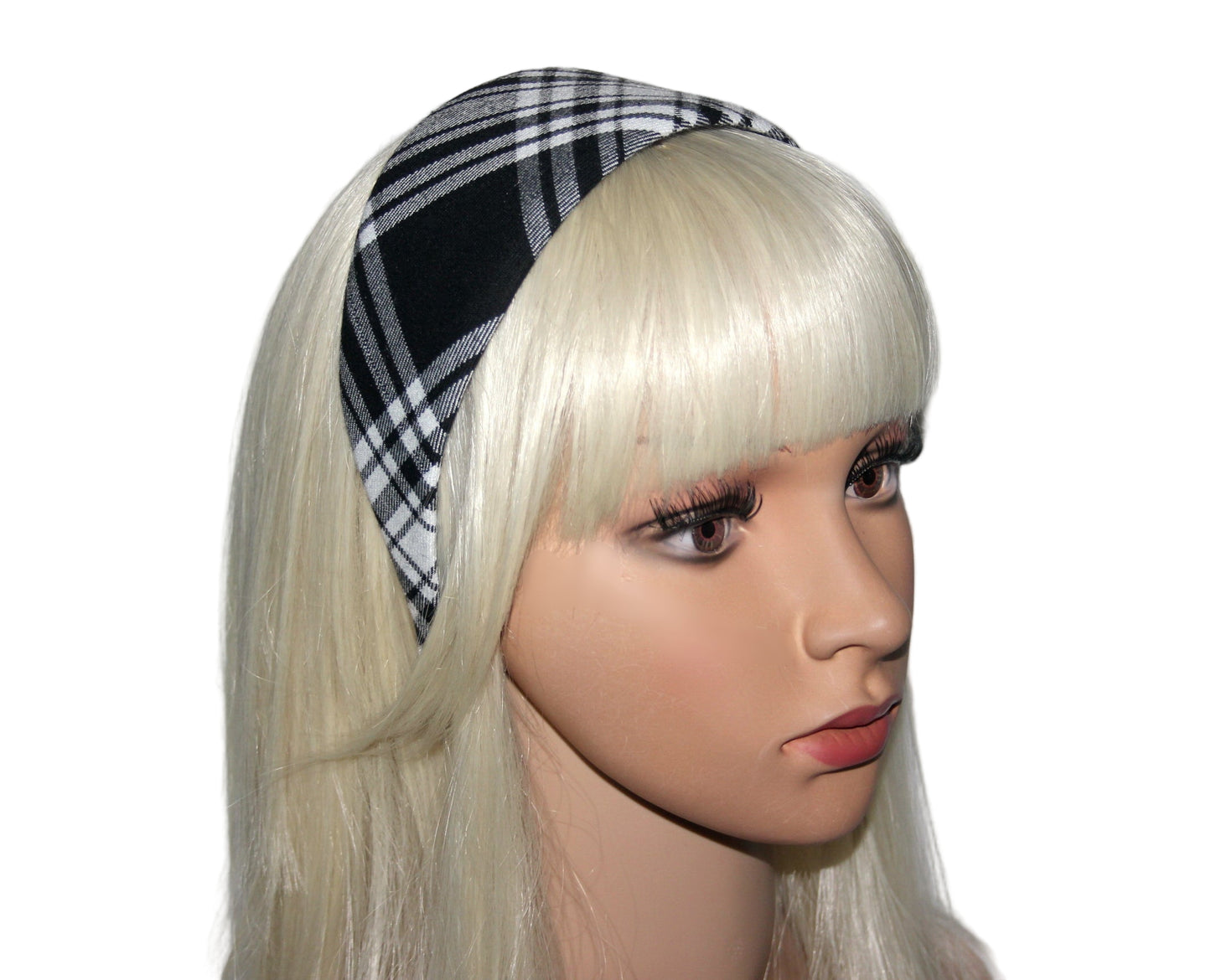 Plaid woman headband Black&White Wide tartan hairband, plastic free