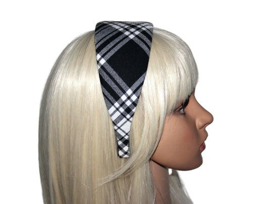 Plaid woman headband Black&White Wide tartan hairband, plastic free