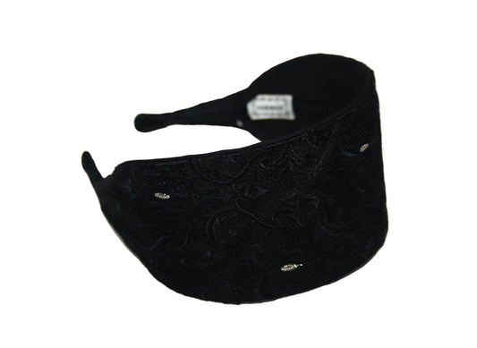 Black Embroidered flat headbands with thin ends, non slip, plastic free
