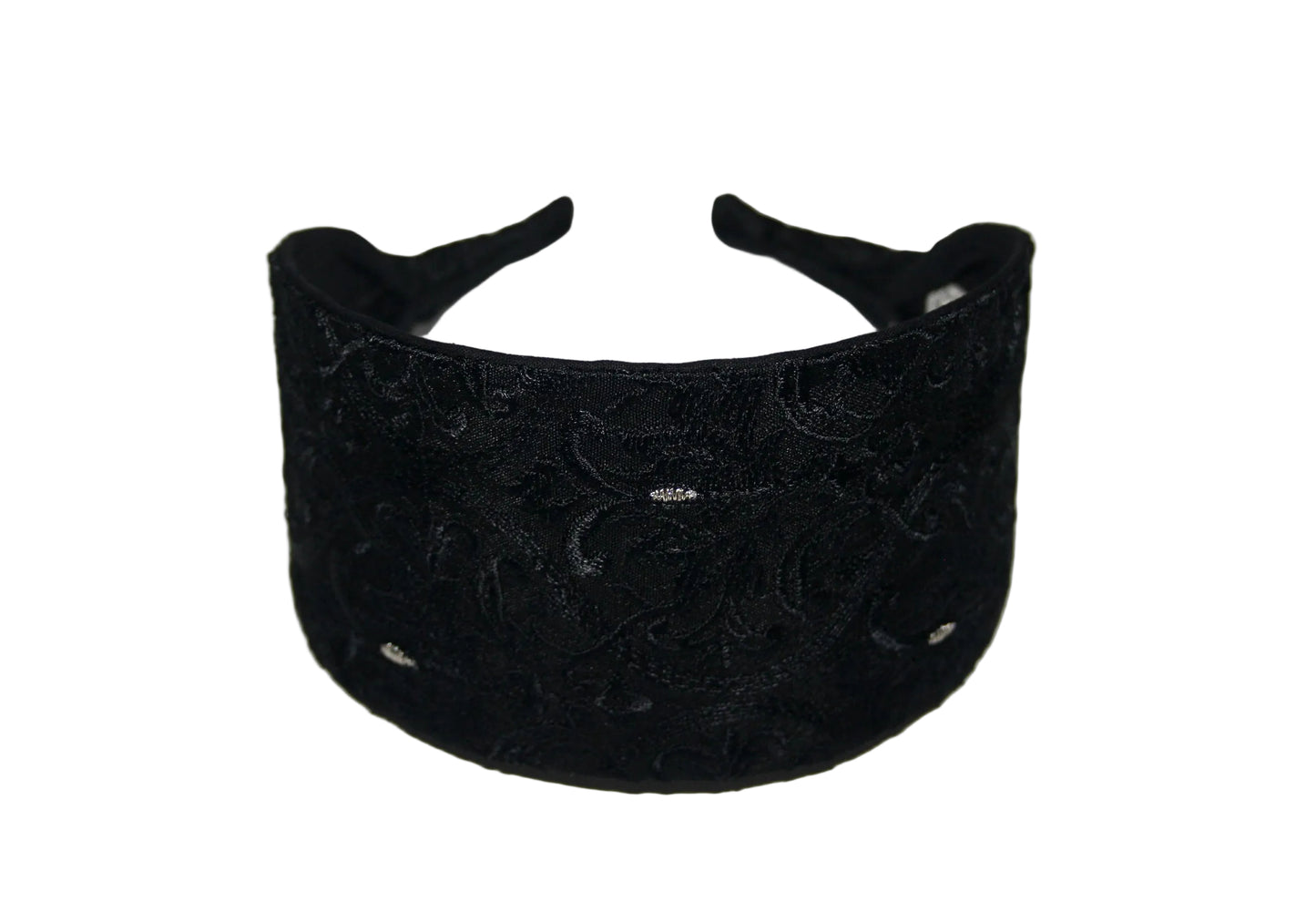 Black Embroidered flat headbands with thin ends, non slip, plastic free