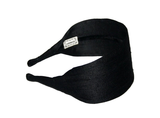Black Raw Silk flat headband with thin ends, non slip, plastic free