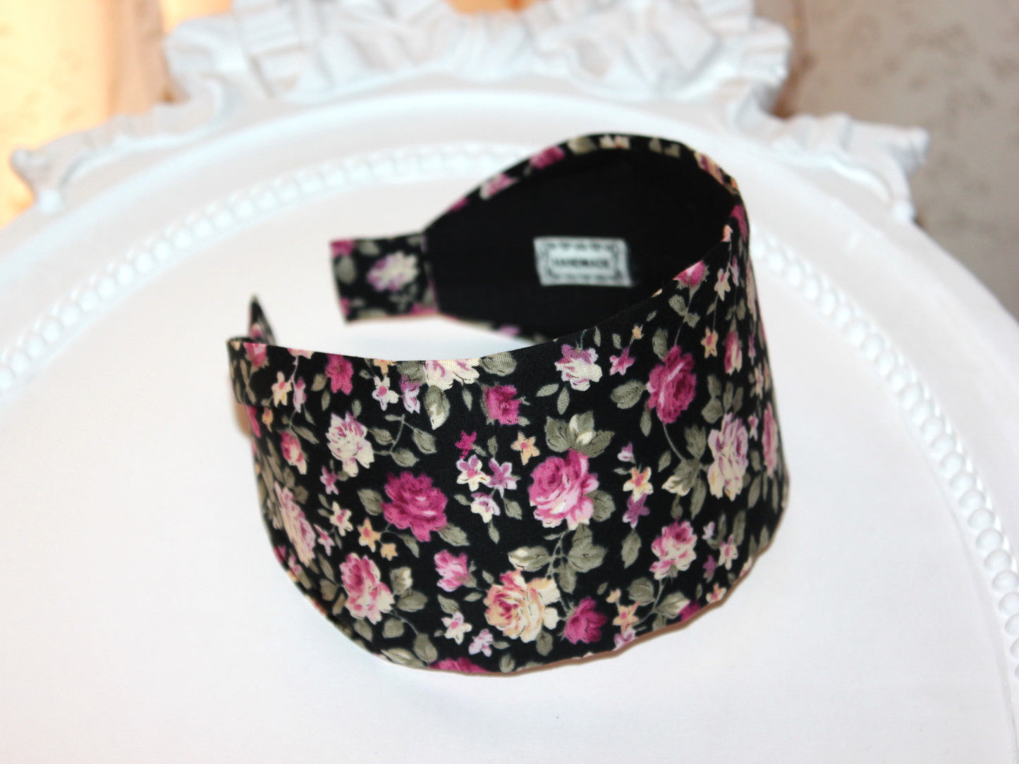 Wide flower print headband Boho head scarf women black and pink structured hair band