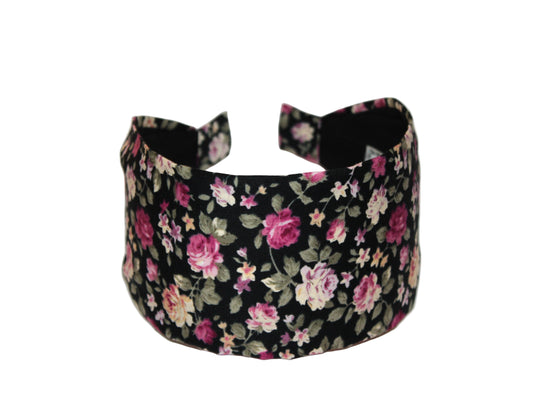 Wide flower print headband Boho head scarf women black and pink structured hair band