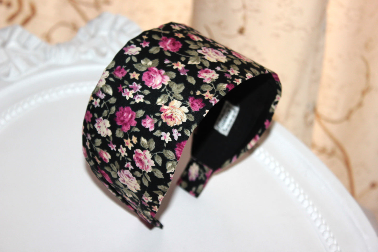 Wide flower print headband Boho head scarf women black and pink structured hair band