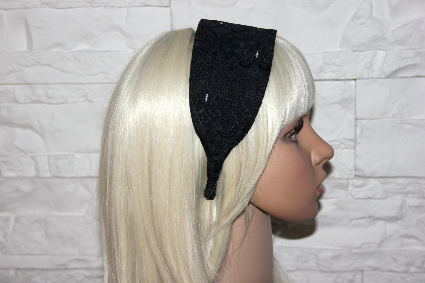 Black Embroidered flat headbands with thin ends, non slip, plastic free