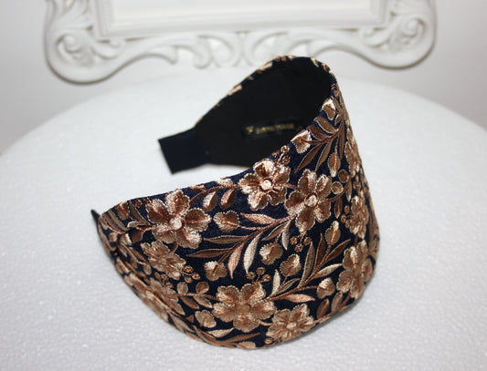 Embroidered headband for women Dark Blue & Beige 4''inch head scarf hairband Elegant boho head wrap
