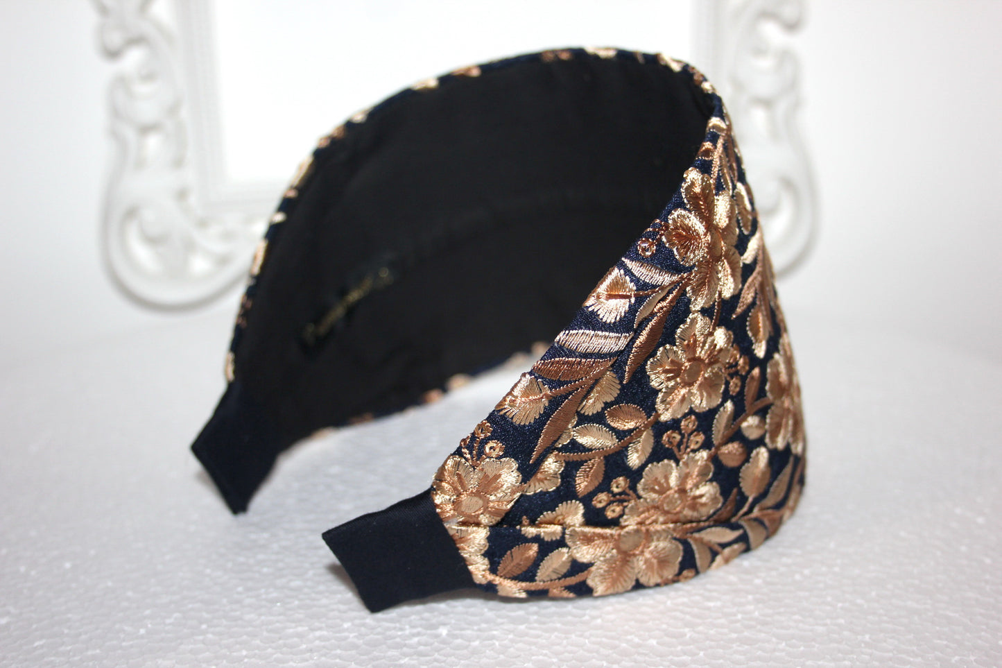 Embroidered headband for women Dark Blue & Beige 4''inch head scarf hairband Elegant boho head wrap