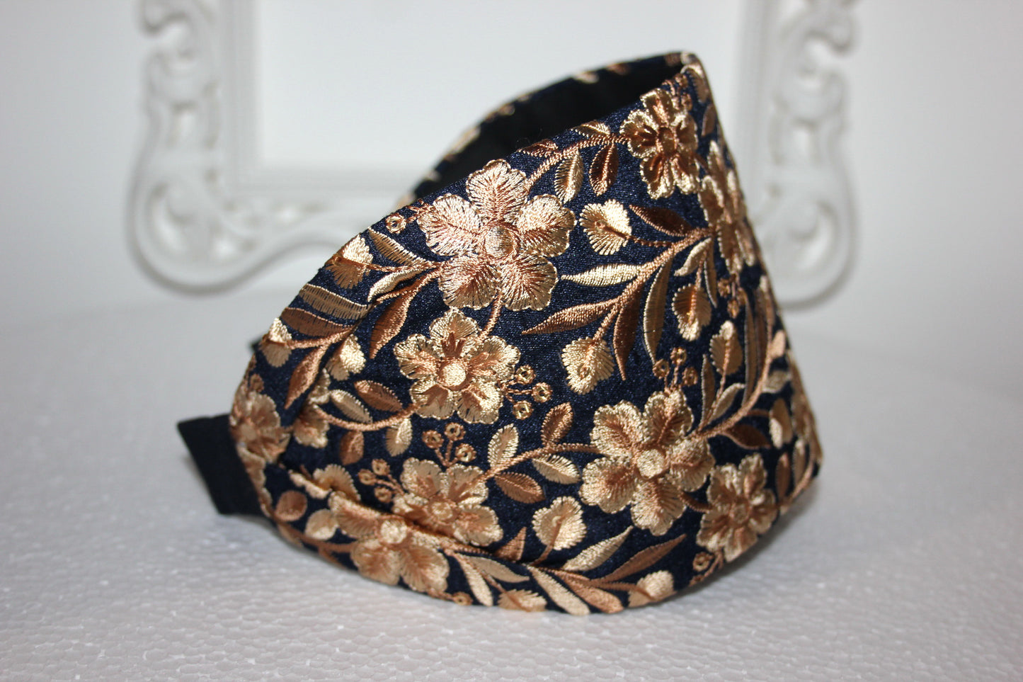 Embroidered headband for women Dark Blue & Beige 4''inch head scarf hairband Elegant boho head wrap