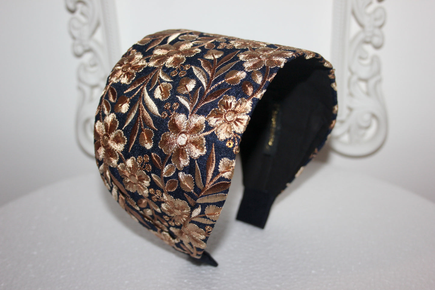 Embroidered headband for women Dark Blue & Beige 4''inch head scarf hairband Elegant boho head wrap
