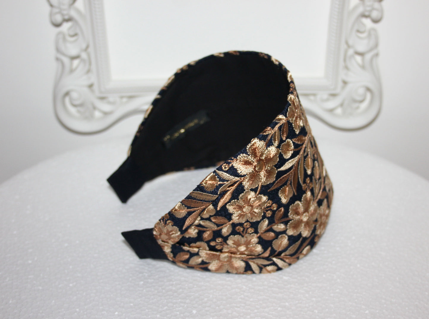 Embroidered headband for women Dark Blue & Beige 4''inch head scarf hairband Elegant boho head wrap