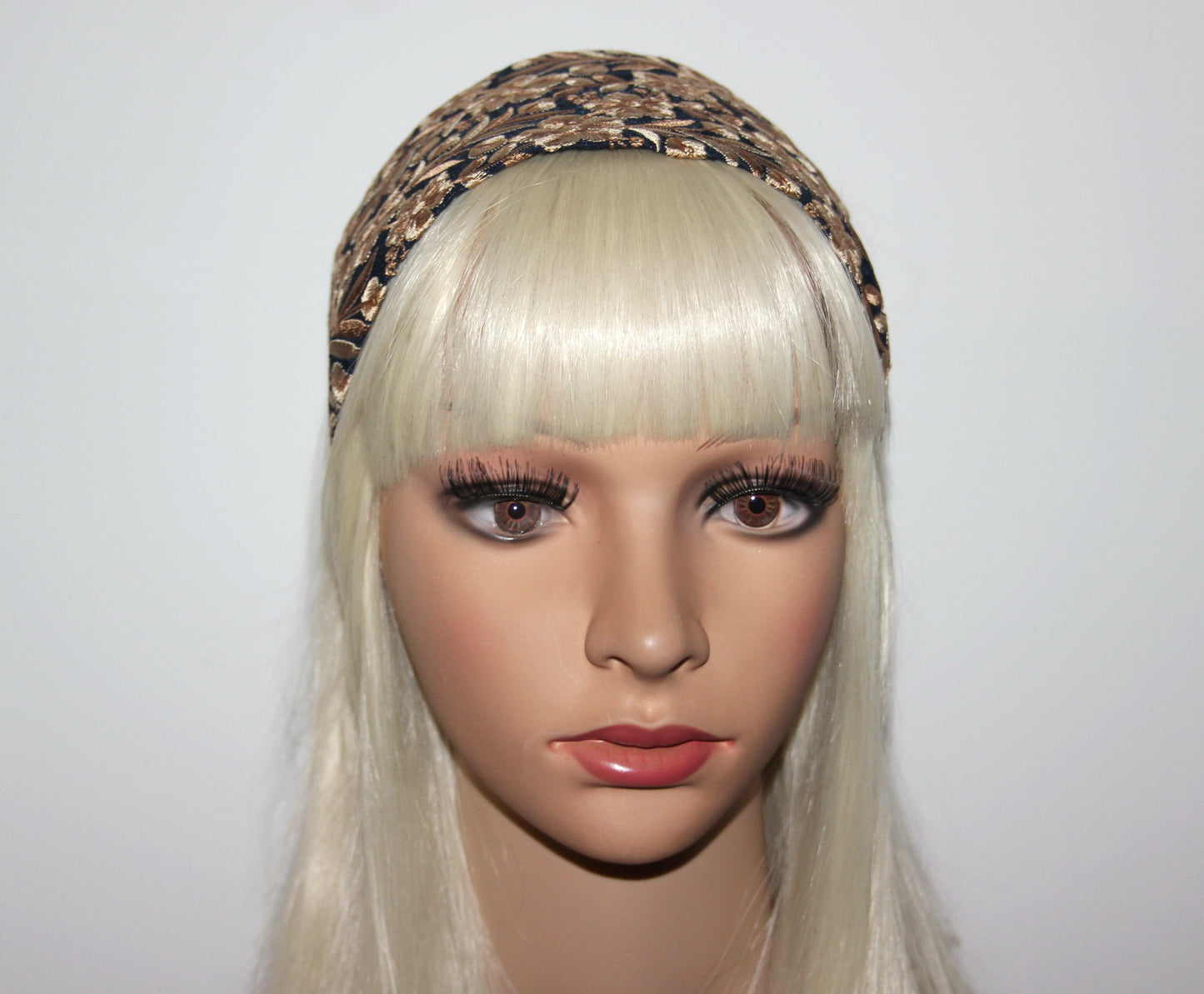 Embroidered headband for women Dark Blue & Beige 4''inch head scarf hairband Elegant boho head wrap