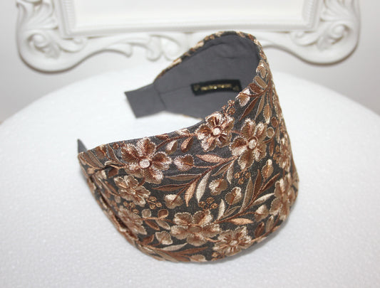 Headband for women Embroidered Olive Gray & Beige 4" inch head scarf Boho head wrap