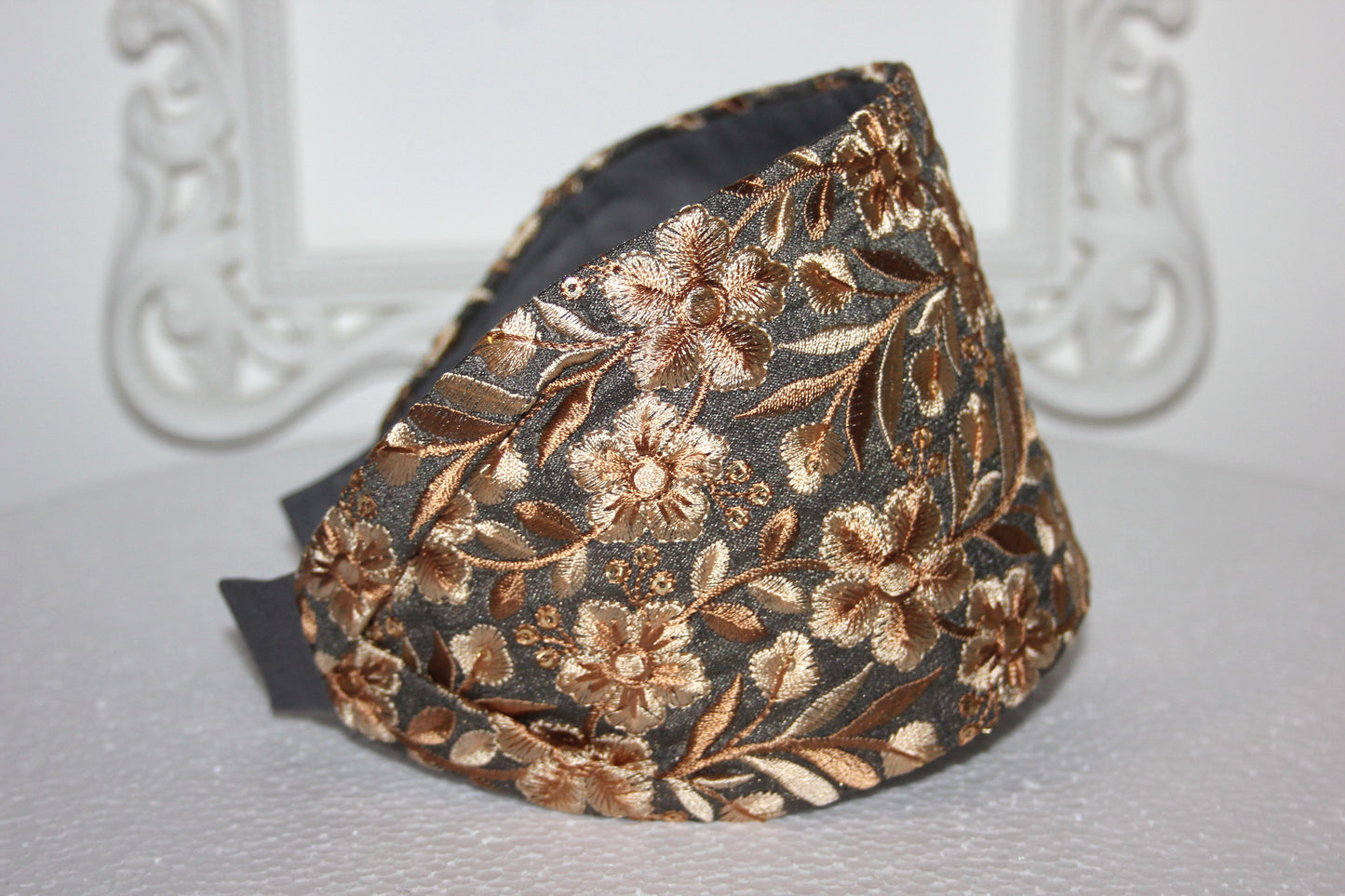 Headband for women Embroidered Olive Gray & Beige 4" inch head scarf Boho head wrap