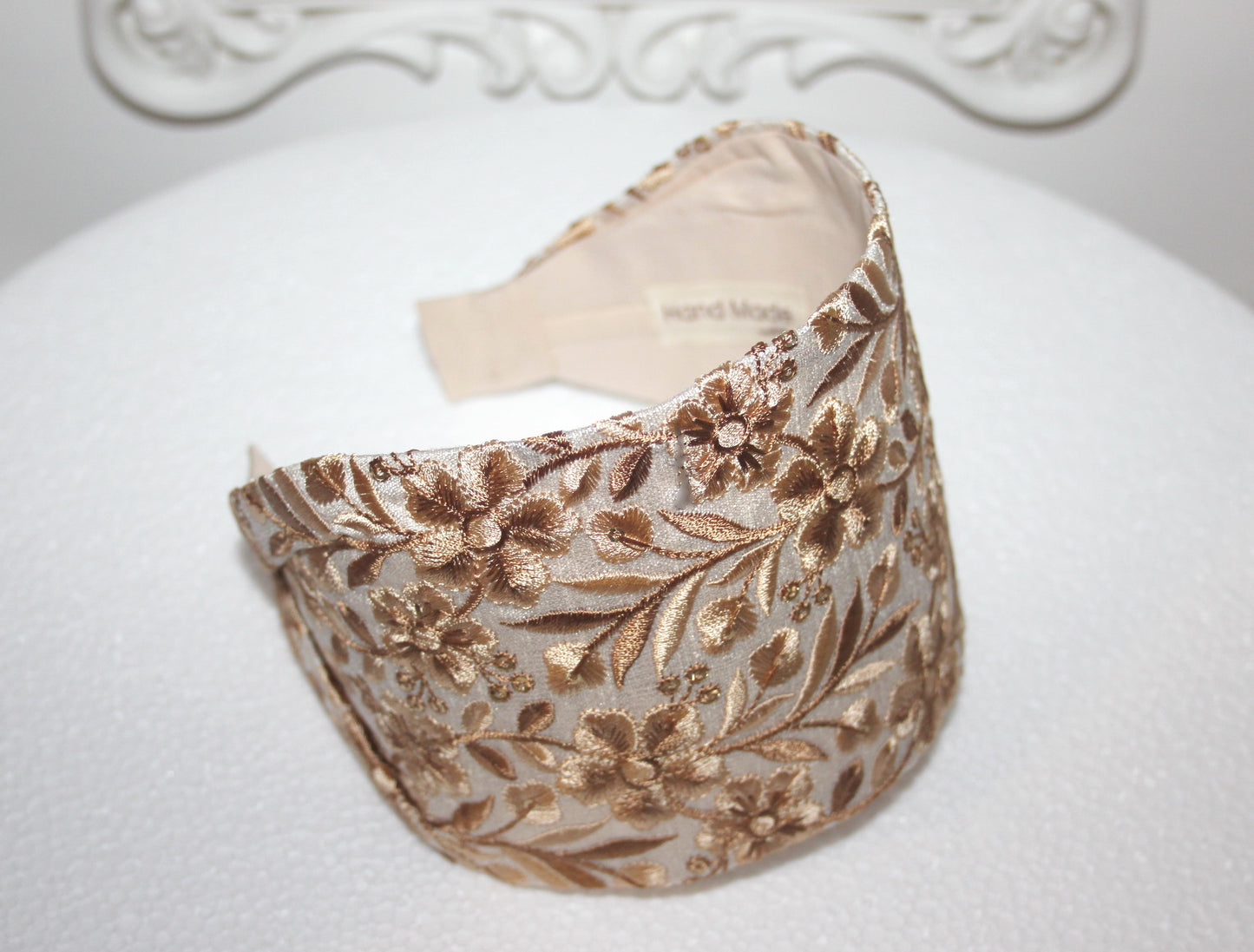 Large headband for women 4'' inch Beige embroidered head scarf Wedding head accessory Boho head wrap