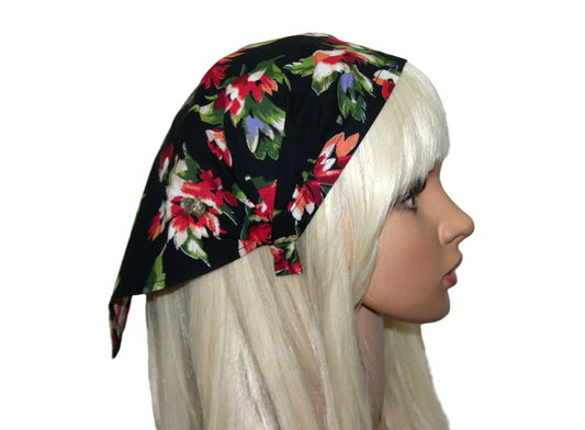 Flower print Head kerchief Black & Dark Red cotton triangle bandana headband