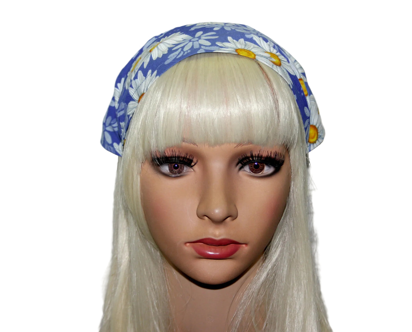 Daisy head kerchief Blue & White cotton triangle bandana headband