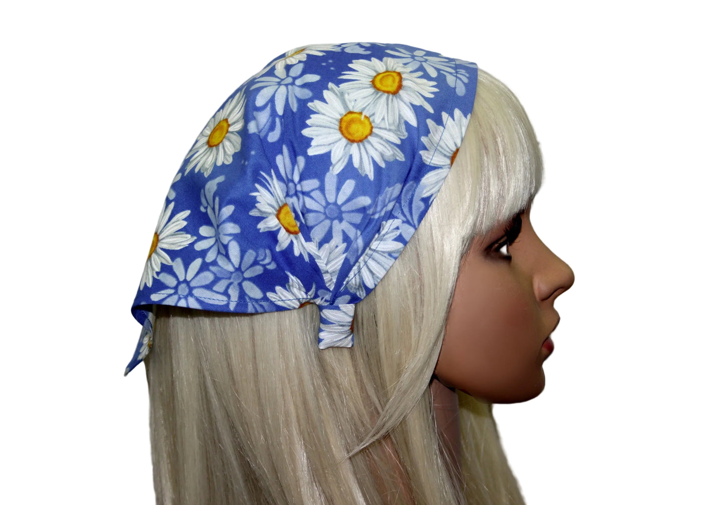 Daisy head kerchief Blue & White cotton triangle bandana headband