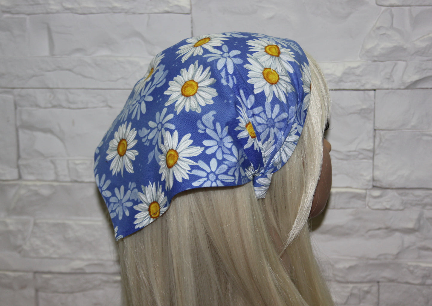 Daisy head kerchief Blue & White cotton triangle bandana headband