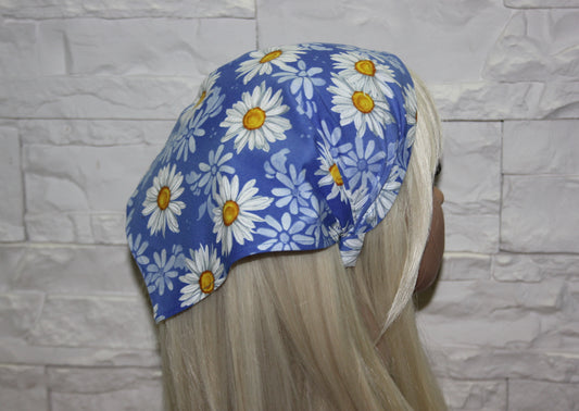 Daisy head kerchief Blue & White cotton triangle bandana headband