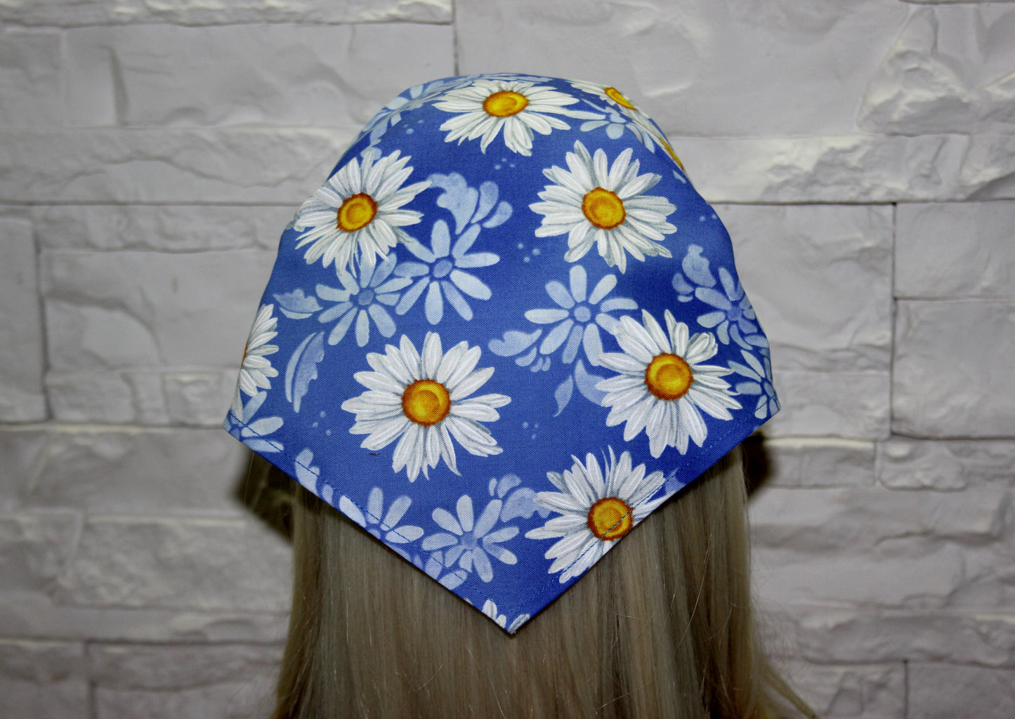 Daisy head kerchief Blue & White cotton triangle bandana headband