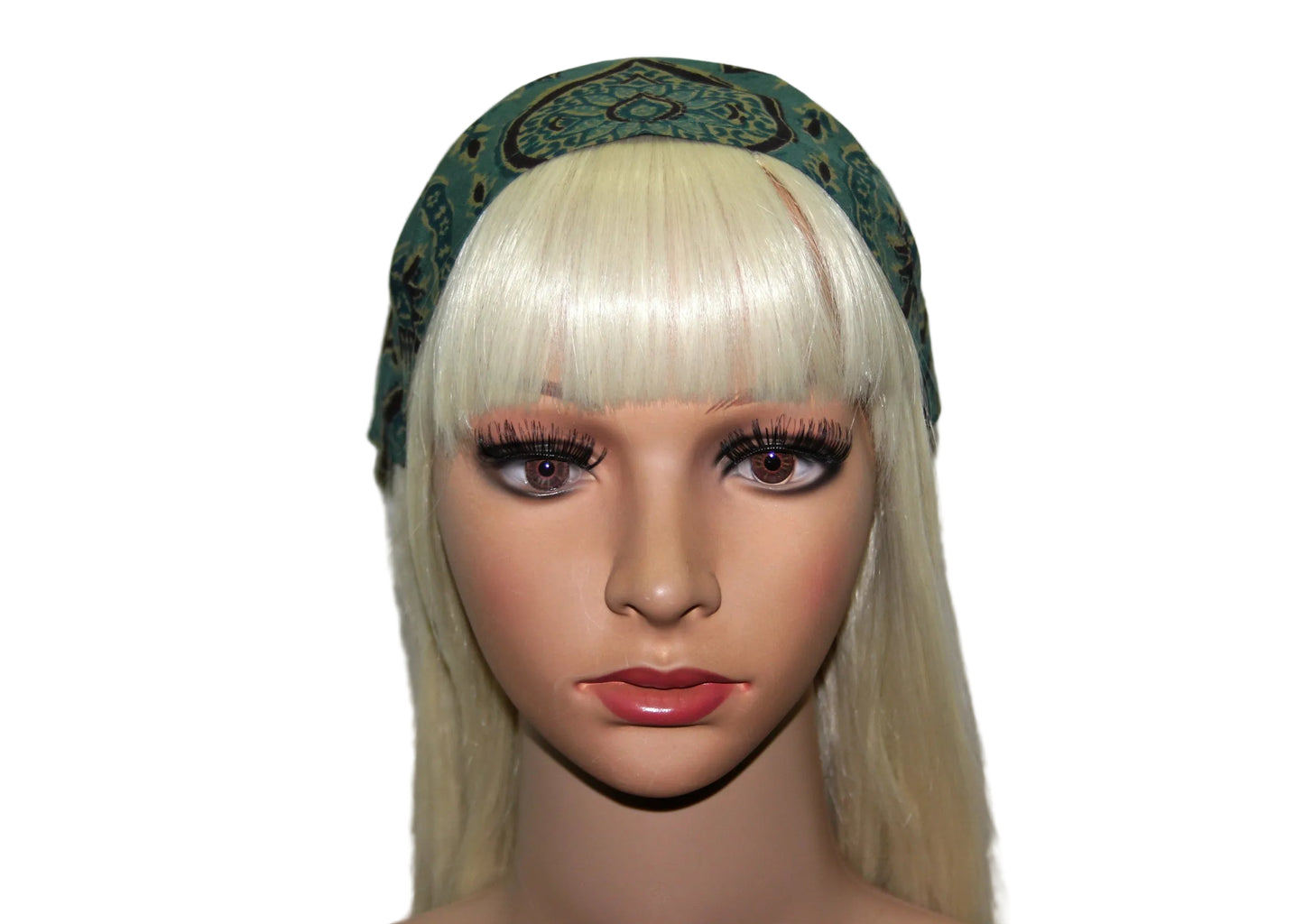 Bandana headband Teal Green & Brown blockprint cotton kerchief Triangle hair band