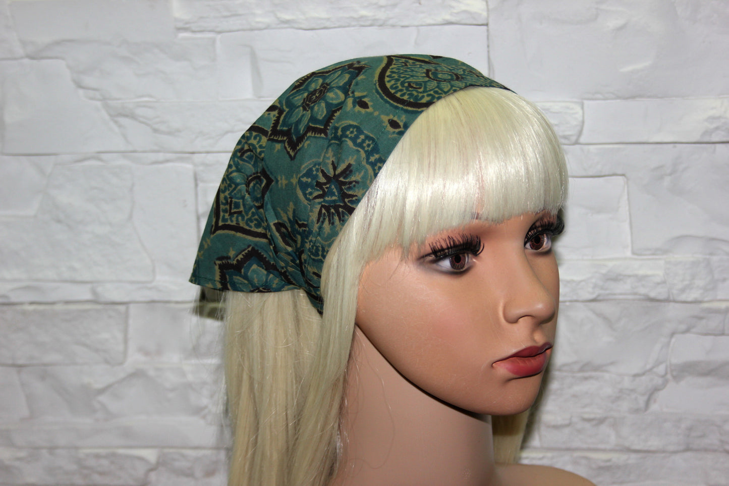 Bandana headband Teal Green & Brown blockprint cotton kerchief Triangle hair band
