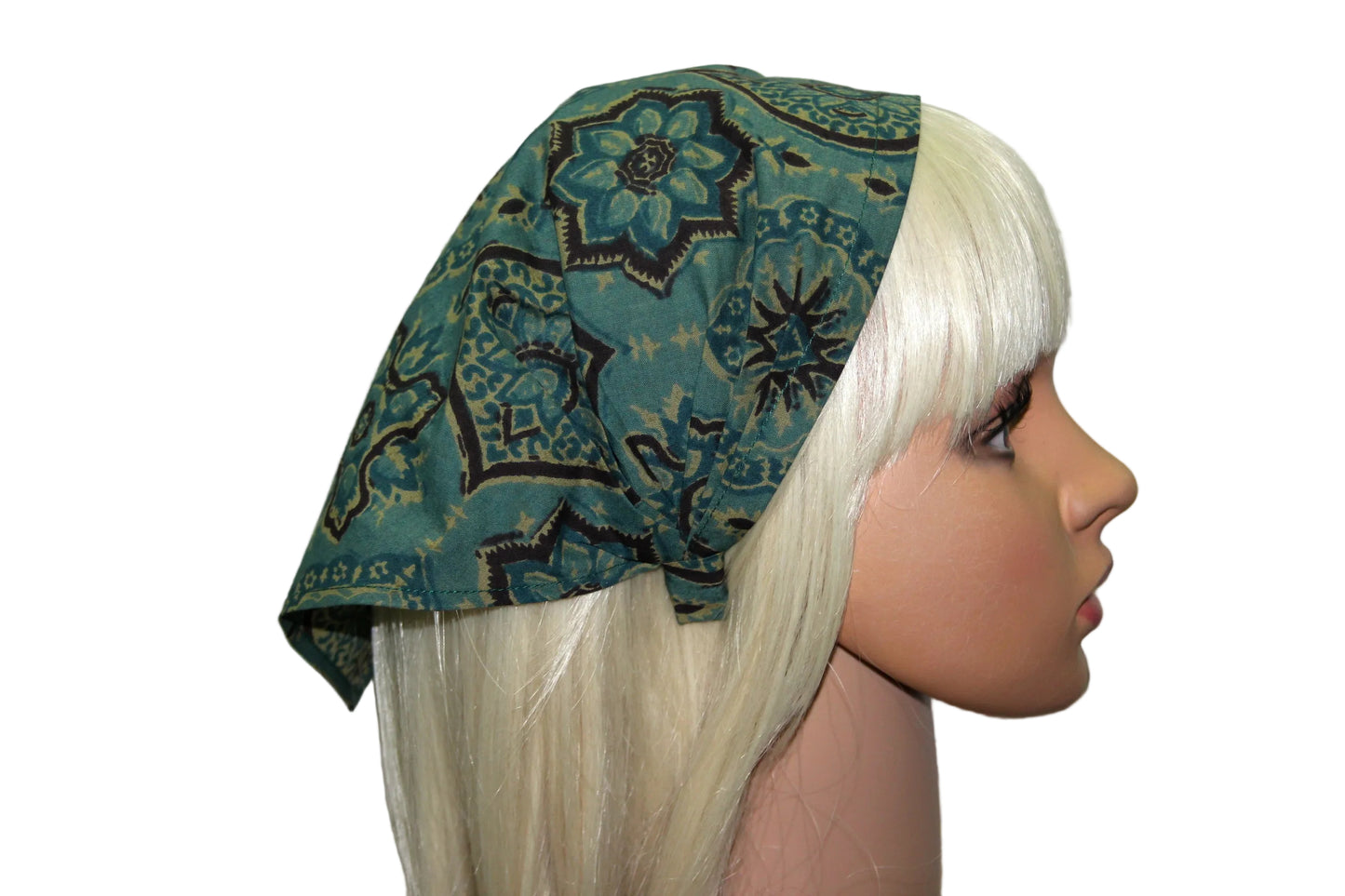 Bandana headband Teal Green & Brown blockprint cotton kerchief Triangle hair band