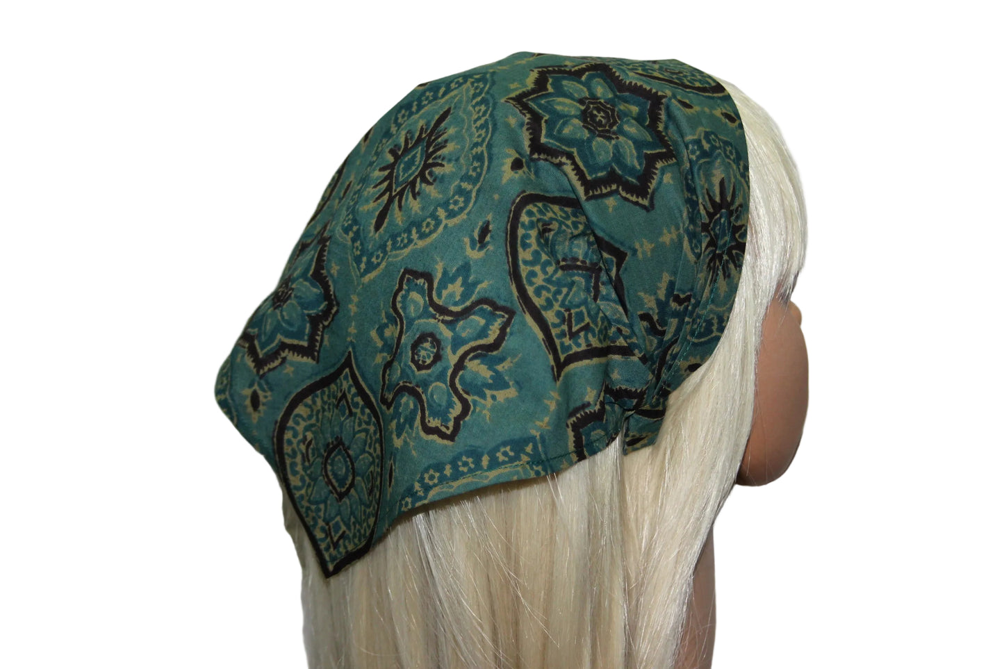 Bandana headband Teal Green & Brown blockprint cotton kerchief Triangle hair band