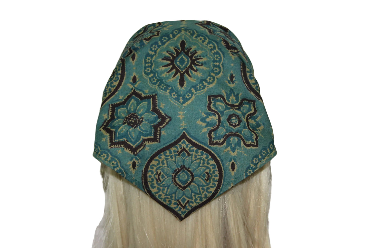 Bandana headband Teal Green & Brown blockprint cotton kerchief Triangle hair band