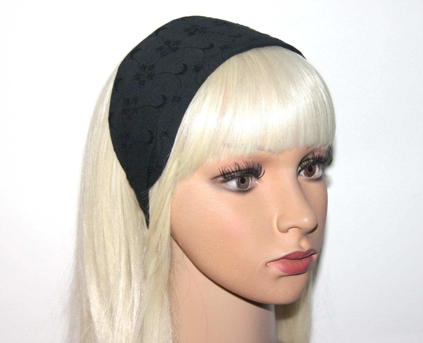Black eyelet cotton flat headband with thin ends, plastic free... NEW