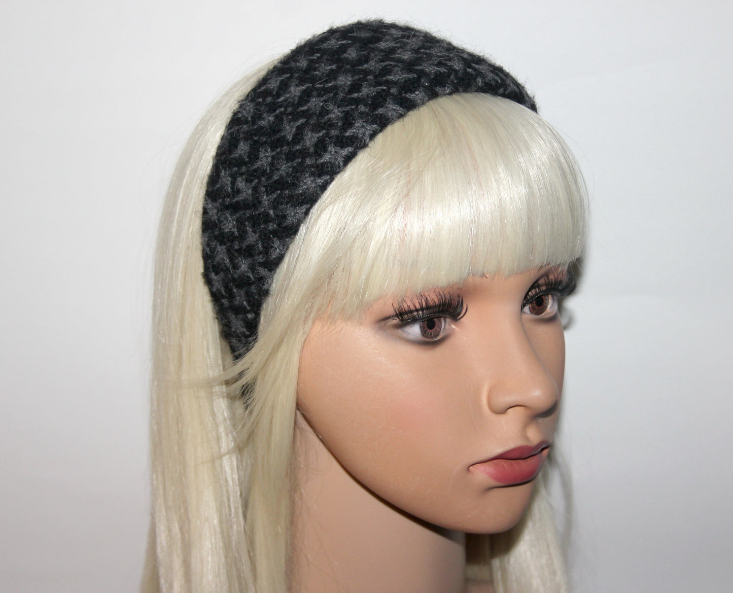Houndstooth thick wool headband, Black & Dark Gray hairband, plastic free... NEW