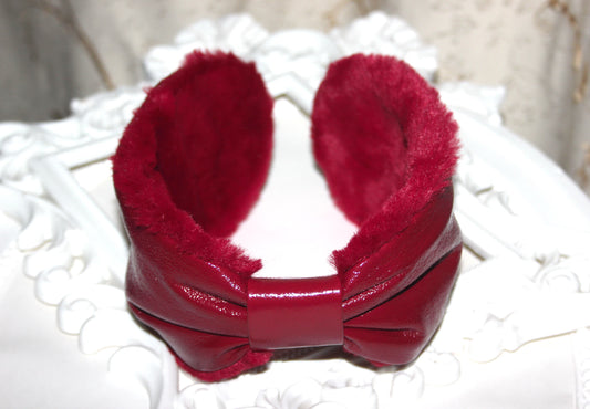 Red woman earmuffs Patent leather&Faux fur fluffy running headband turban