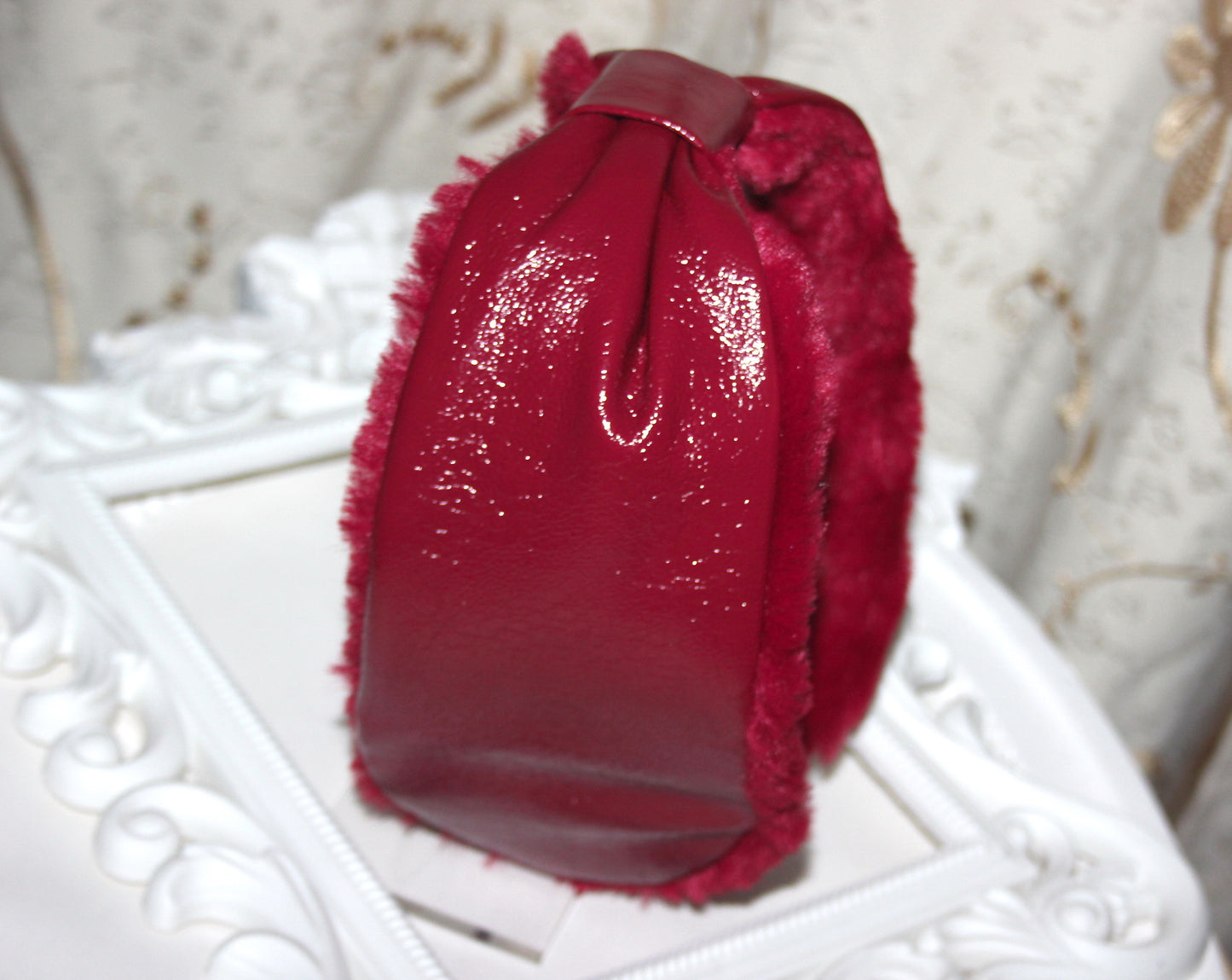 Red woman earmuffs Patent leather&Faux fur fluffy running headband turban