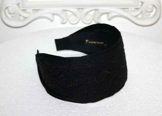 Eyelet cotton headband 2.75" inch Black english embroidery hair scarf