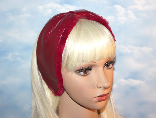 Red woman earmuffs Patent leather&Faux fur fluffy running headband turban