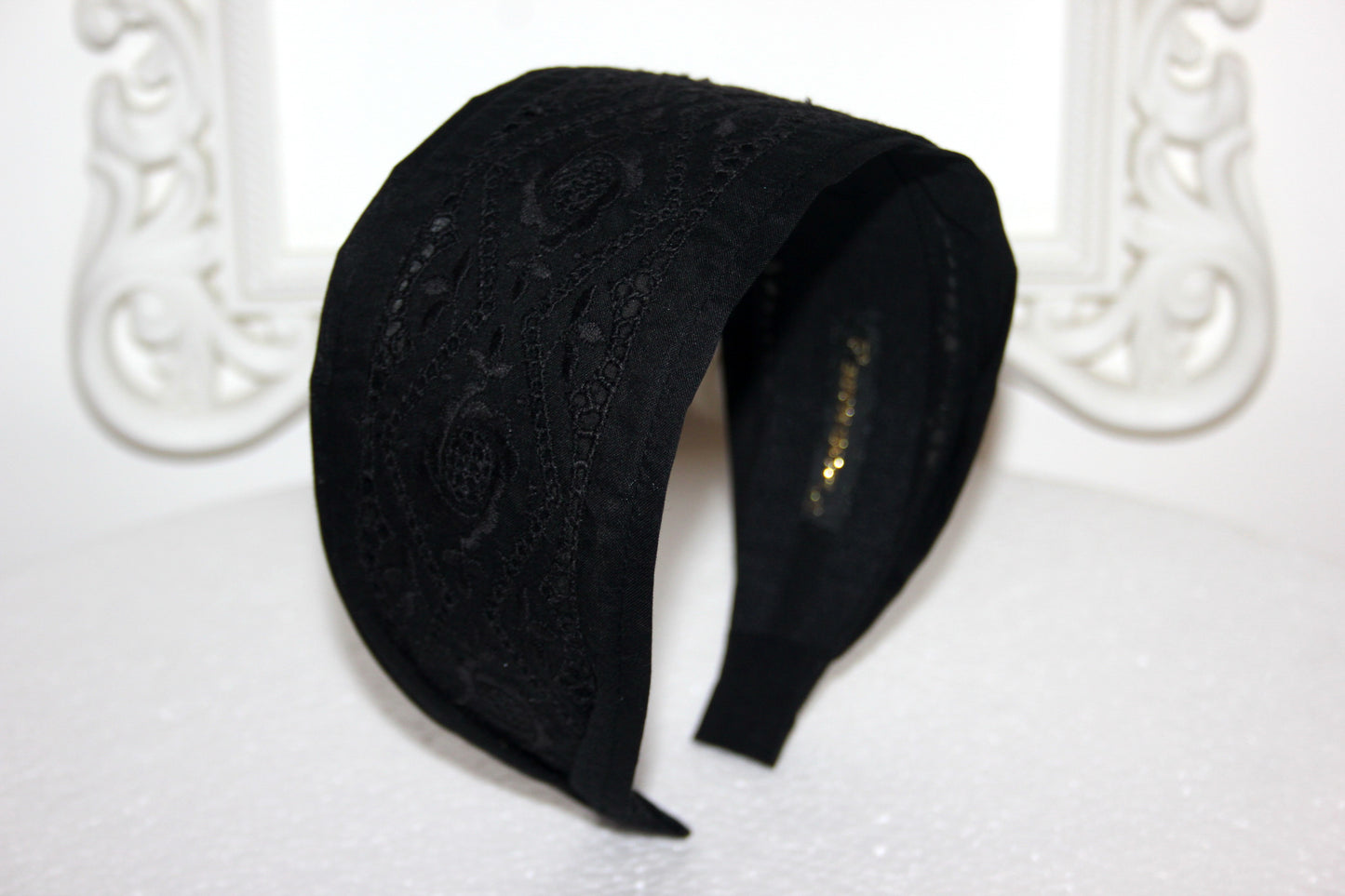 Eyelet cotton headband 2.75" inch Black english embroidery hair scarf