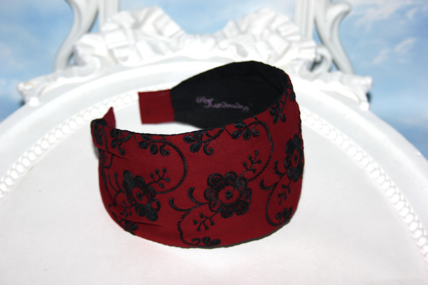 Headband bandana embroidered Dark Red head cover wide cotton hairband