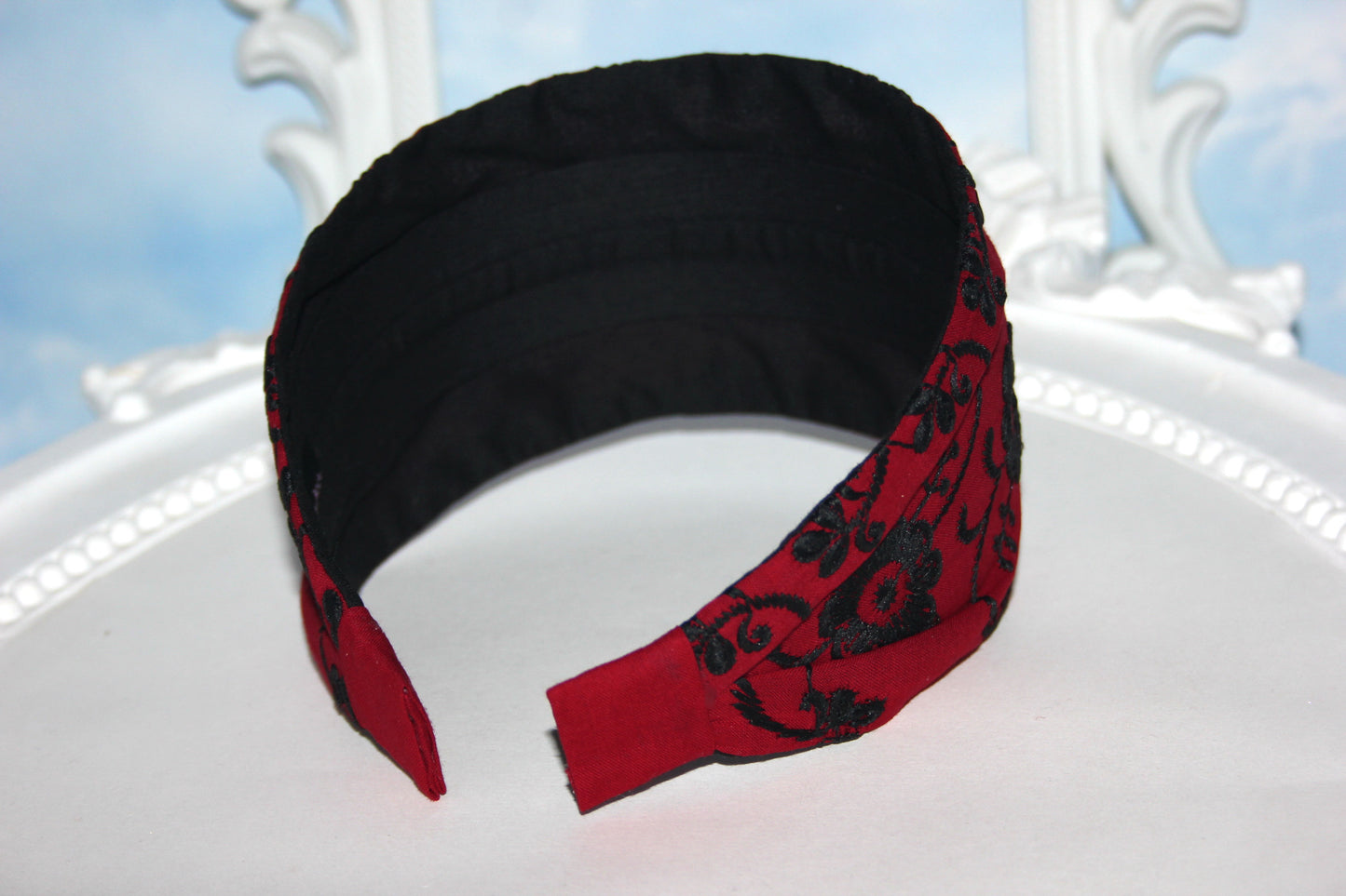 Headband bandana embroidered Dark Red head cover wide cotton hairband