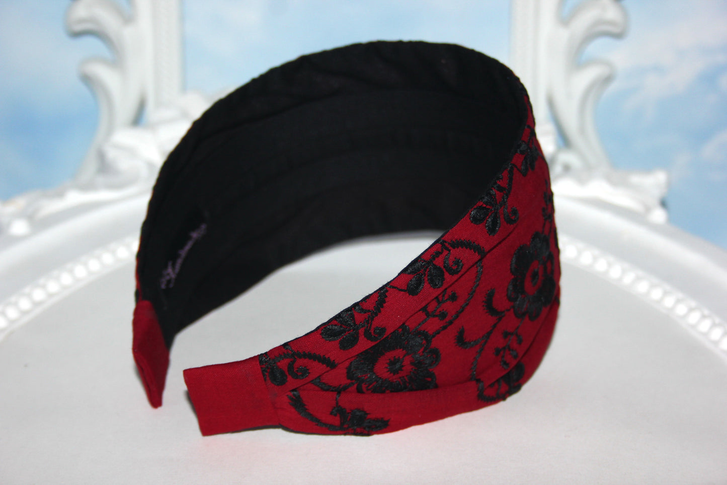 Headband bandana embroidered Dark Red head cover wide cotton hairband