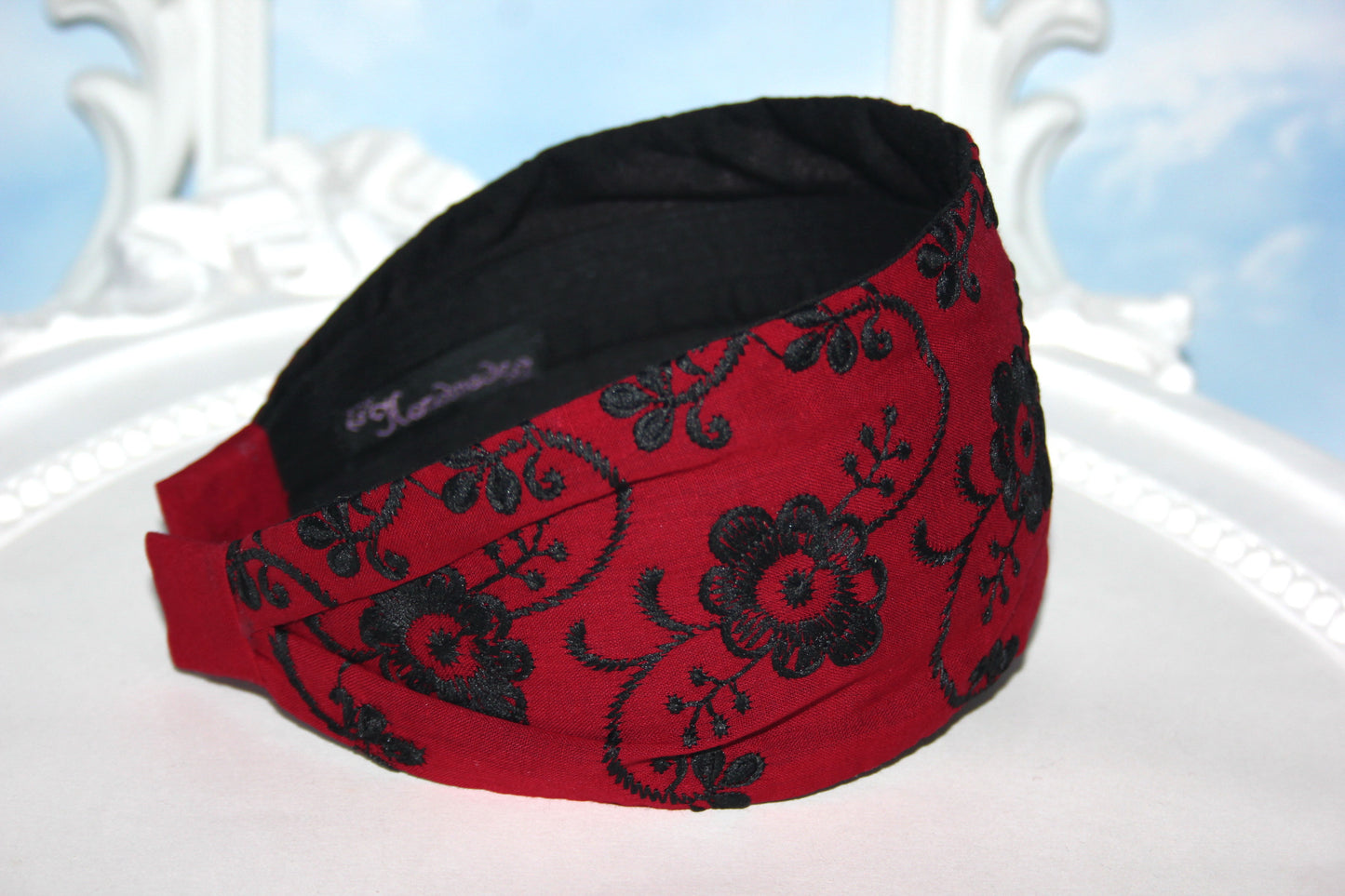 Headband bandana embroidered Dark Red head cover wide cotton hairband