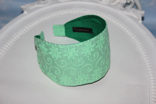 Green cotton headband Embroidered head cover Wide hairband for women