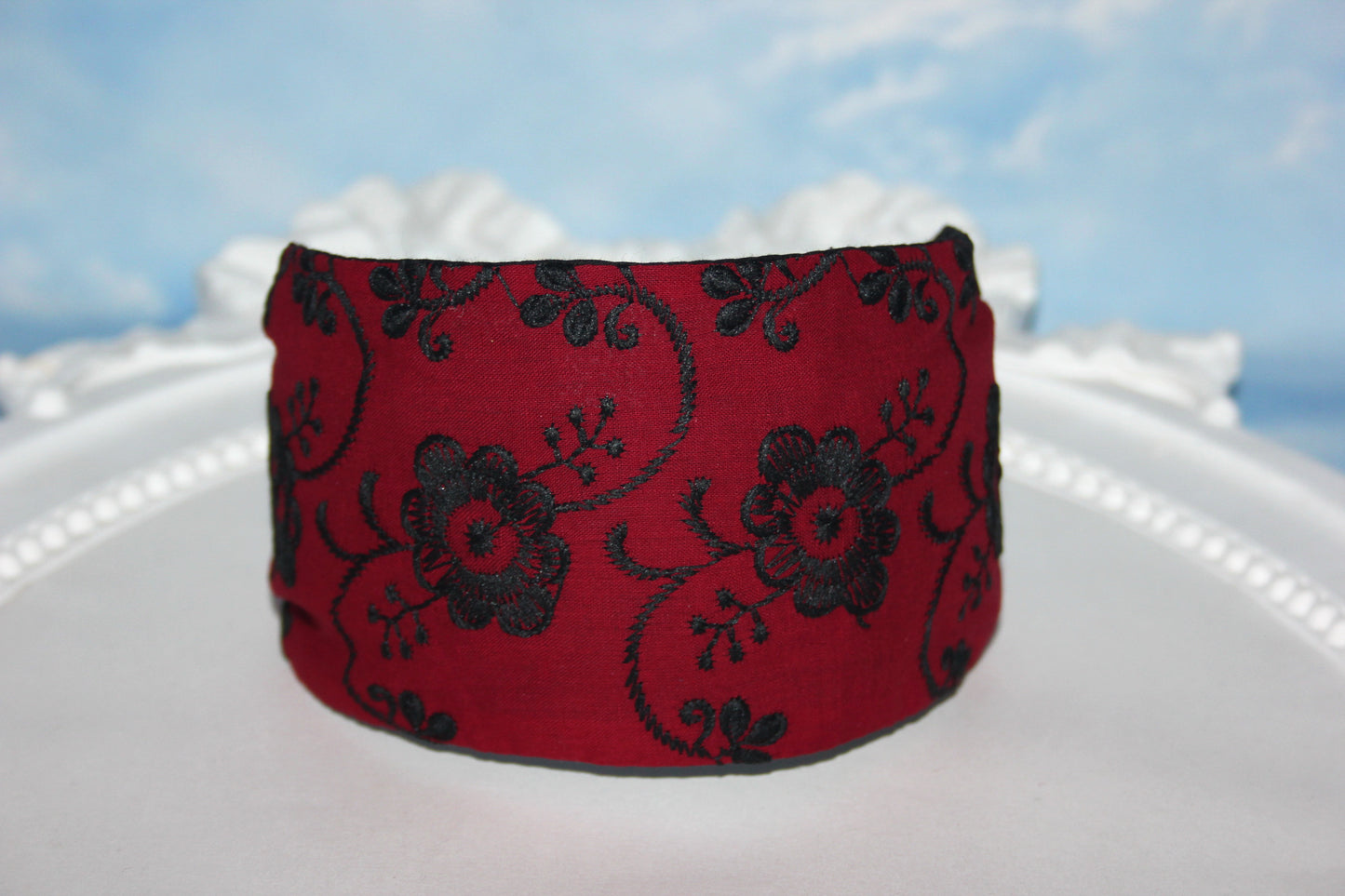 Headband bandana embroidered Dark Red head cover wide cotton hairband