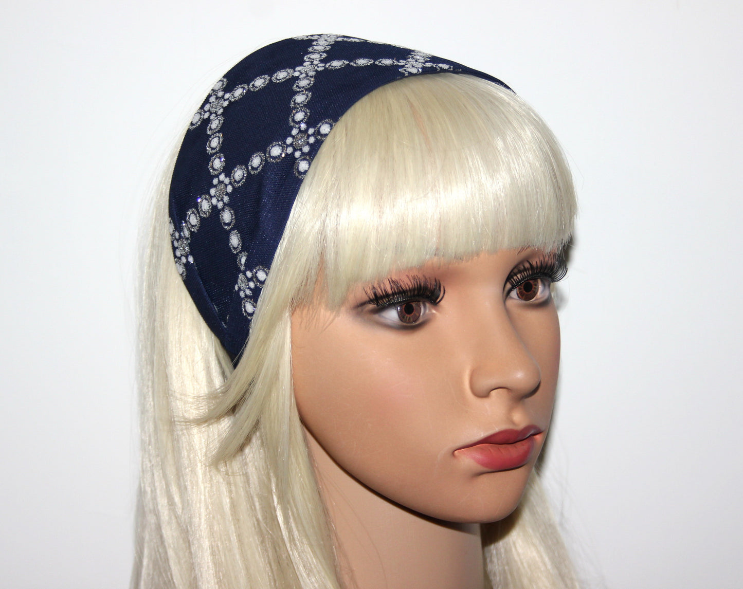 Dark Blue head band for women Elegant quadrate pattern headband