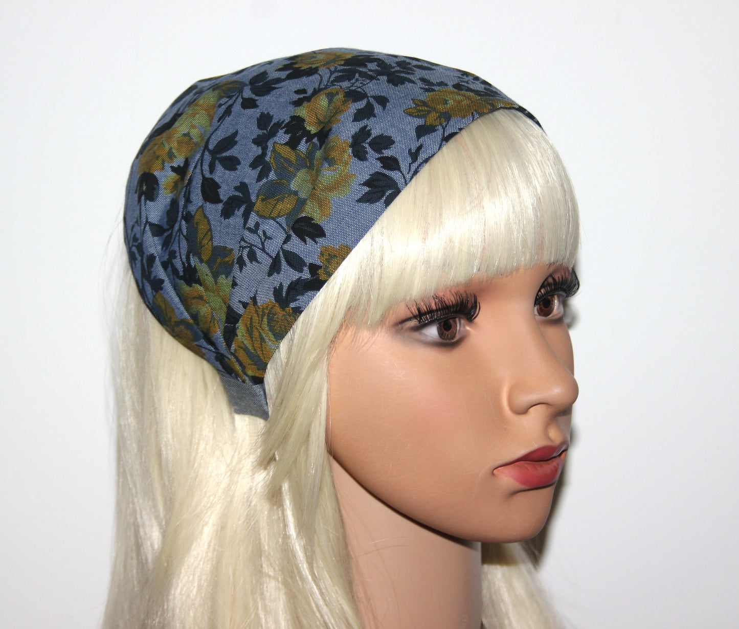 Bandana for women Blue & Mustard denim cotton print headband scarf, wide running head cover
